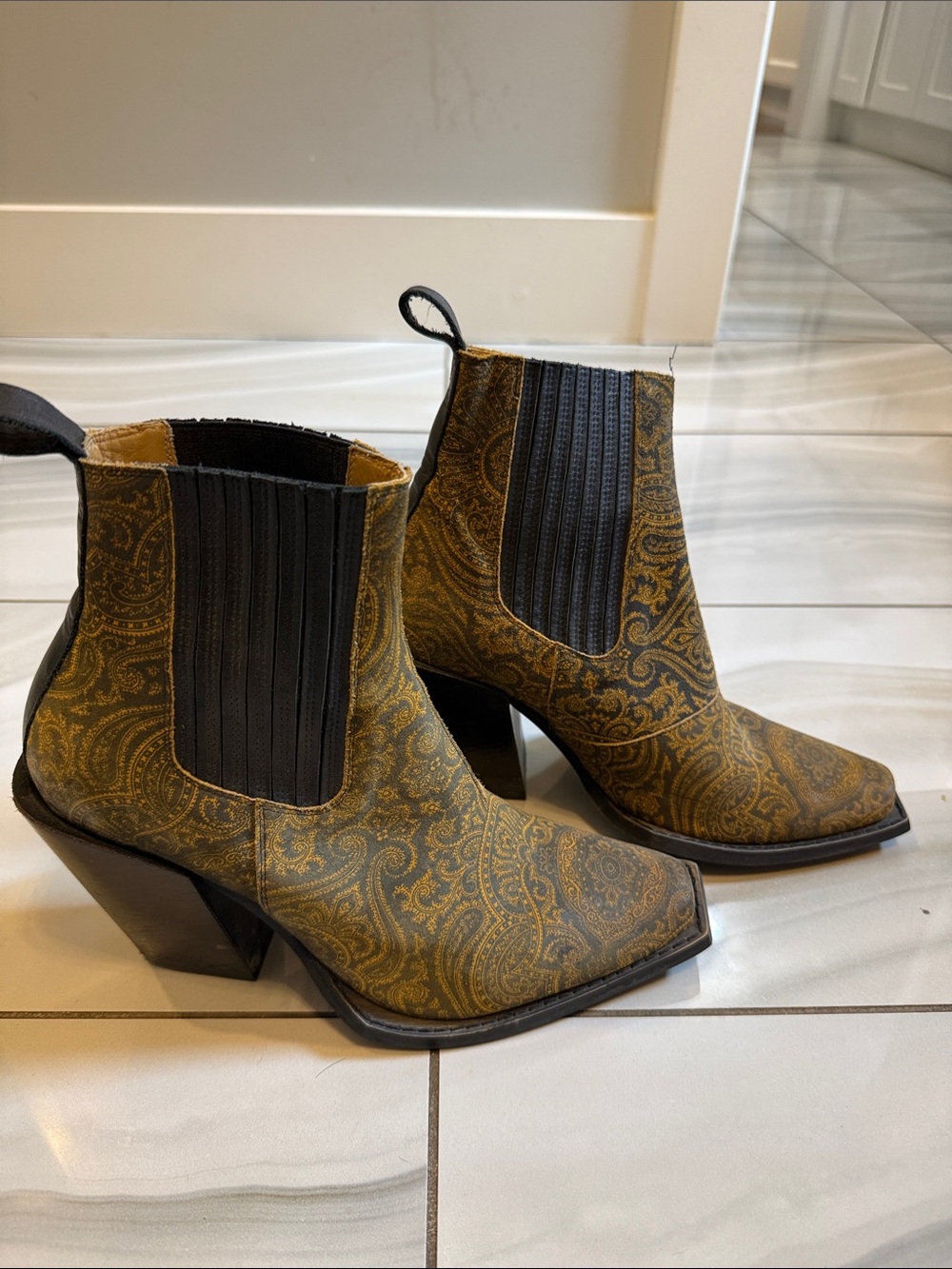 John Fluevog DIANA Paisley Ankle Boots in Mustard and Black